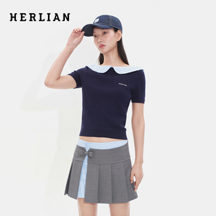 新品 2025年秋季 HERLIAN 女士格纹拼接一字领针织短袖 白鹿同款