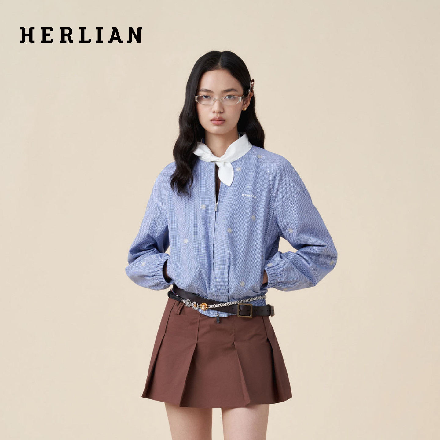 HERLIAN 2026年秋季新品女士蓝格刺绣雏菊衬衫宽松休闲夹克外套