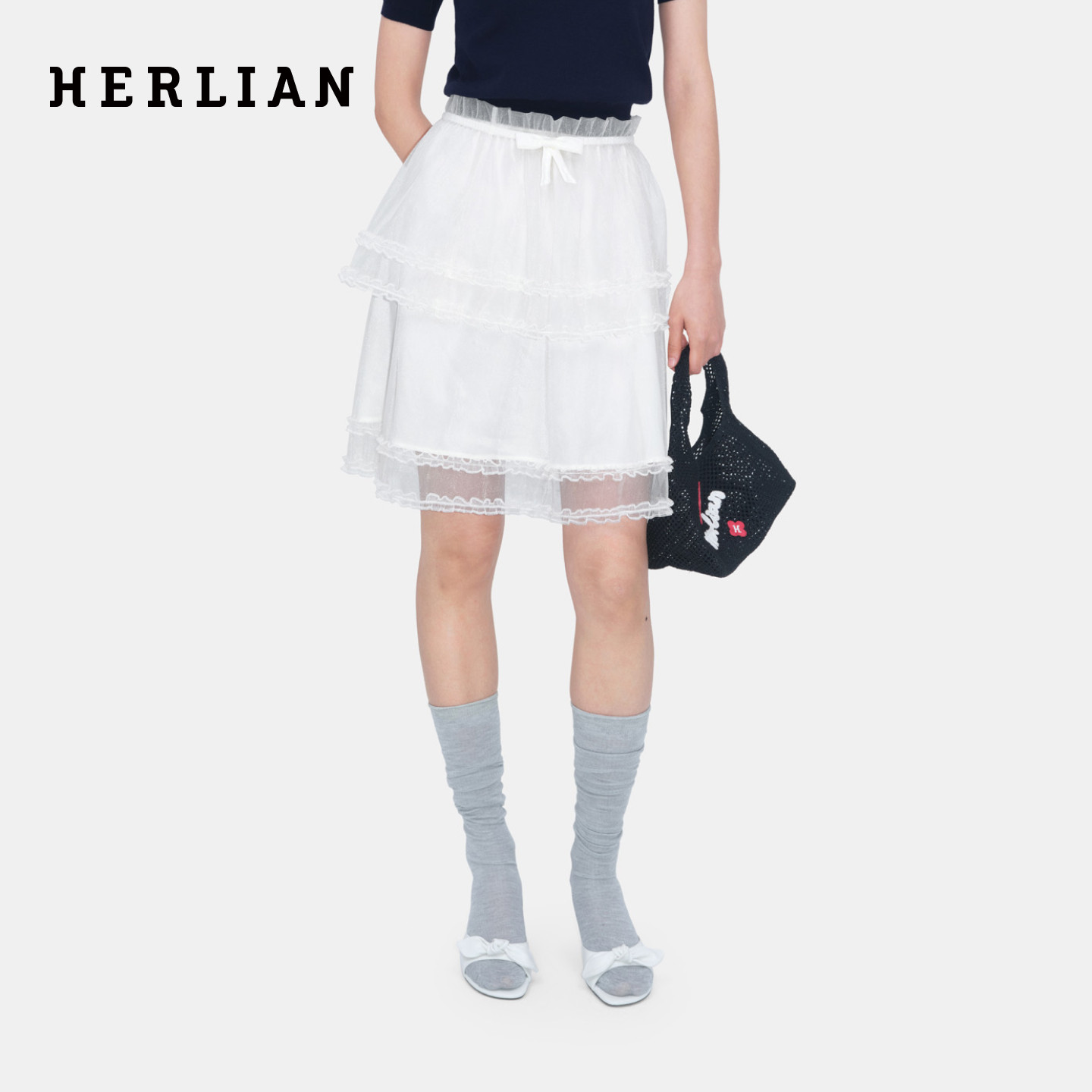HERLIAN 2026年夏季新品多层花边蝴蝶结叠纱裙中长款女蓬蓬裙半裙