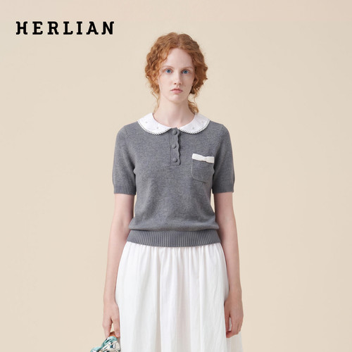 HERLIAN蕾丝娃娃领女短袖针织衫