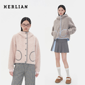 HERLIAN 2025秋冬新品 女士毛圈圈格纹拼接连帽设计保暖上衣外套