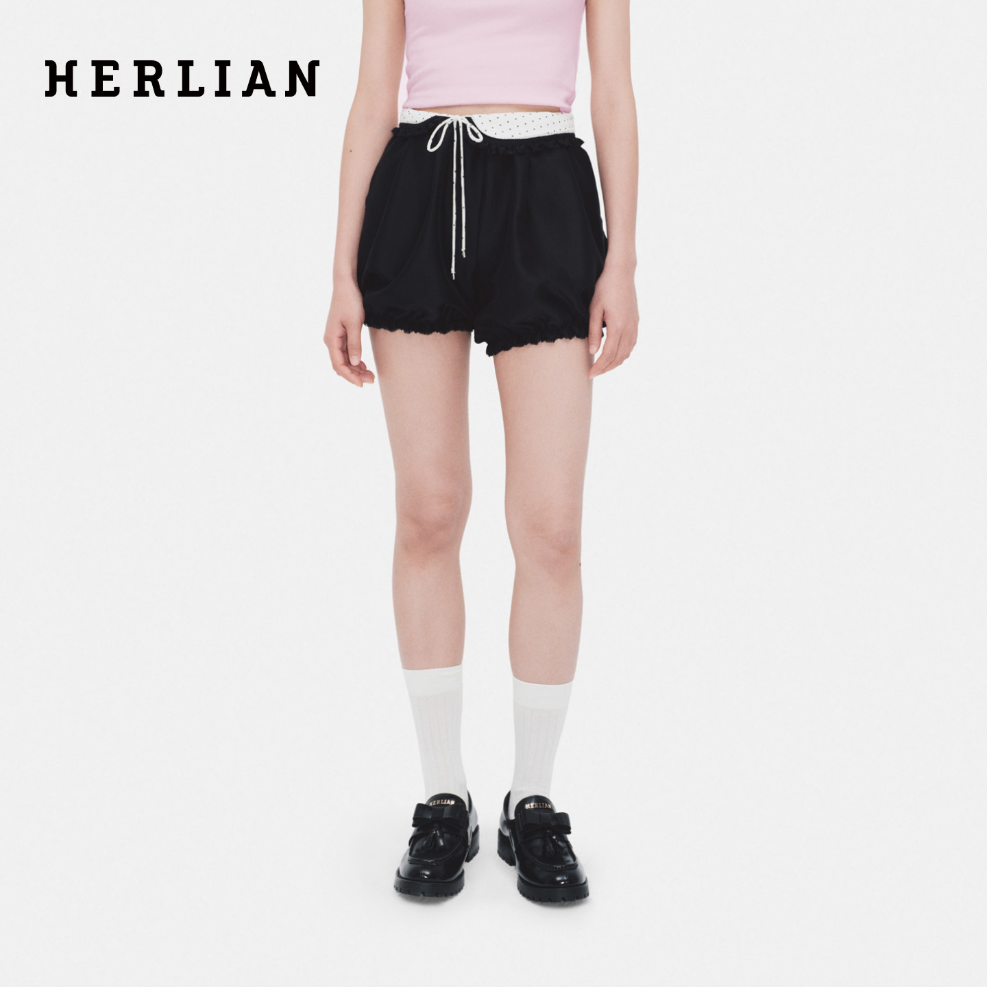HERLIAN 2026年夏季新品可拆卸娃娃领腰头短裤女士花苞裤灯笼裤