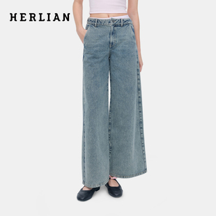 HERLIAN 2026年春季新品双腰头拼接女士阔腿显瘦水洗休闲牛仔裤