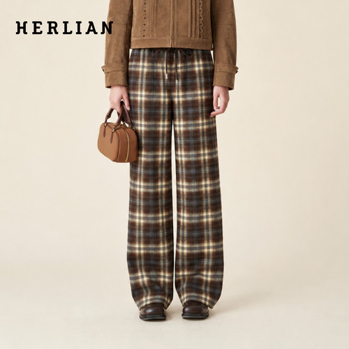 HERLIAN 2026年秋季新品美拉德复古格纹垂感女士休闲宽松阔腿长裤