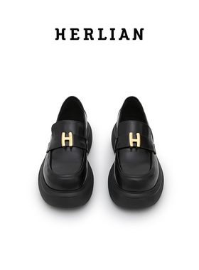 HERLIAN H标牛皮黑色乐福鞋百搭女士厚底时尚单鞋