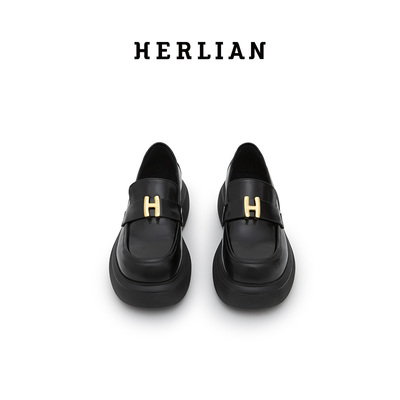 HERLIAN H标牛皮黑色乐福鞋百搭女士厚底时尚单鞋