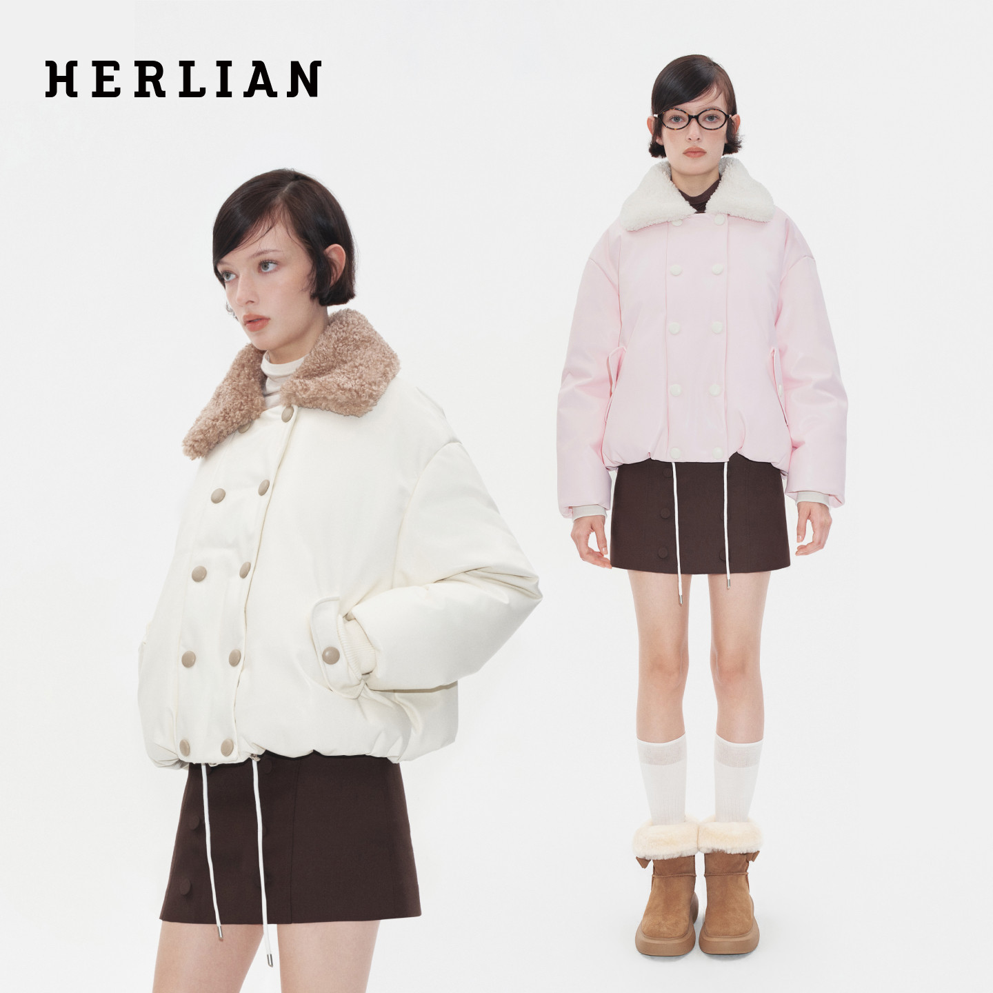 Herlian冬季拼接毛领设计双排扣蛋白皮加厚羽绒服外套上衣