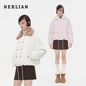 Herlian2025冬季 拼接毛领设计双排扣蛋白皮加厚羽绒服外套上衣