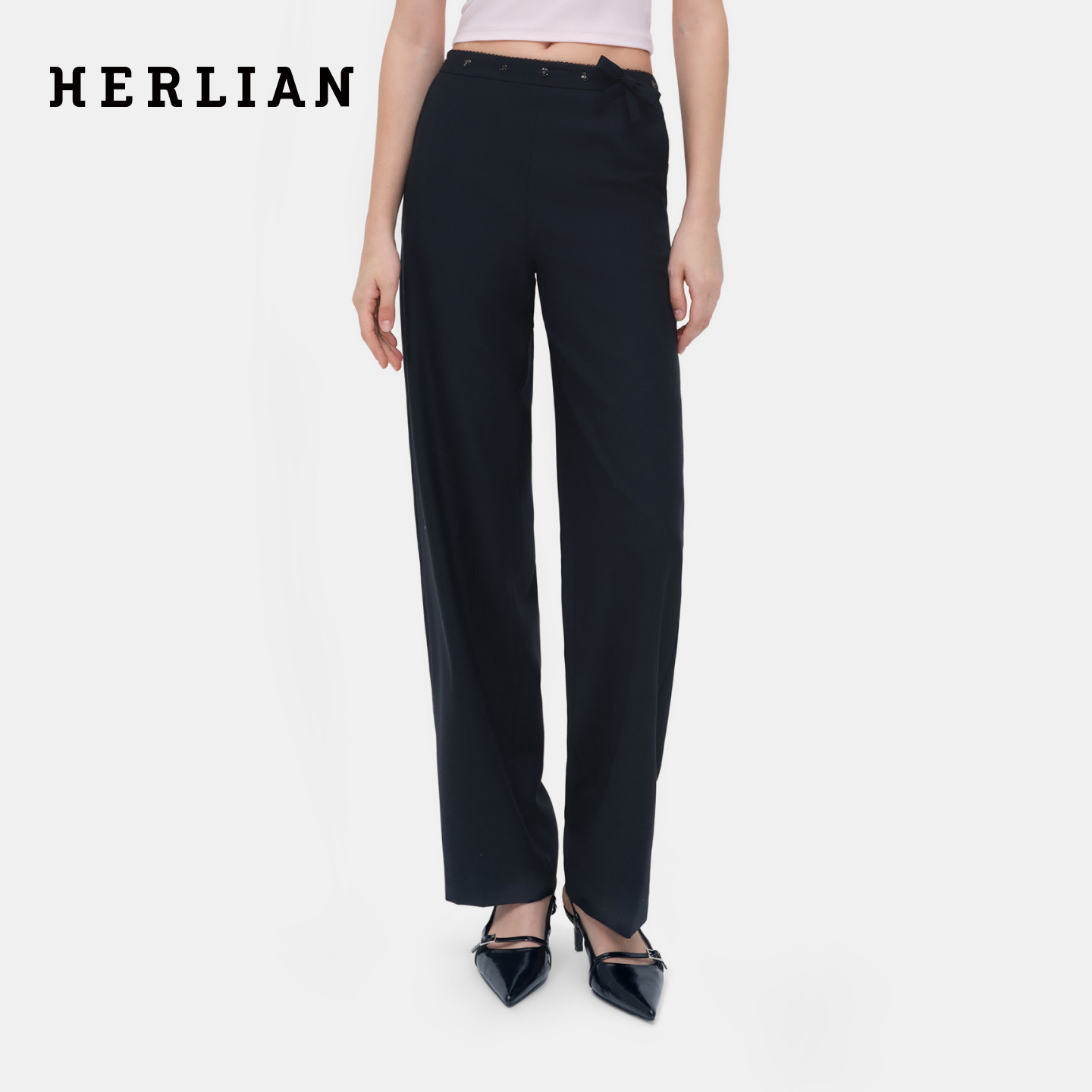 HERLIAN 2026年春季新品可拆卸蝴蝶结女士垂感显瘦百搭黑色西装裤