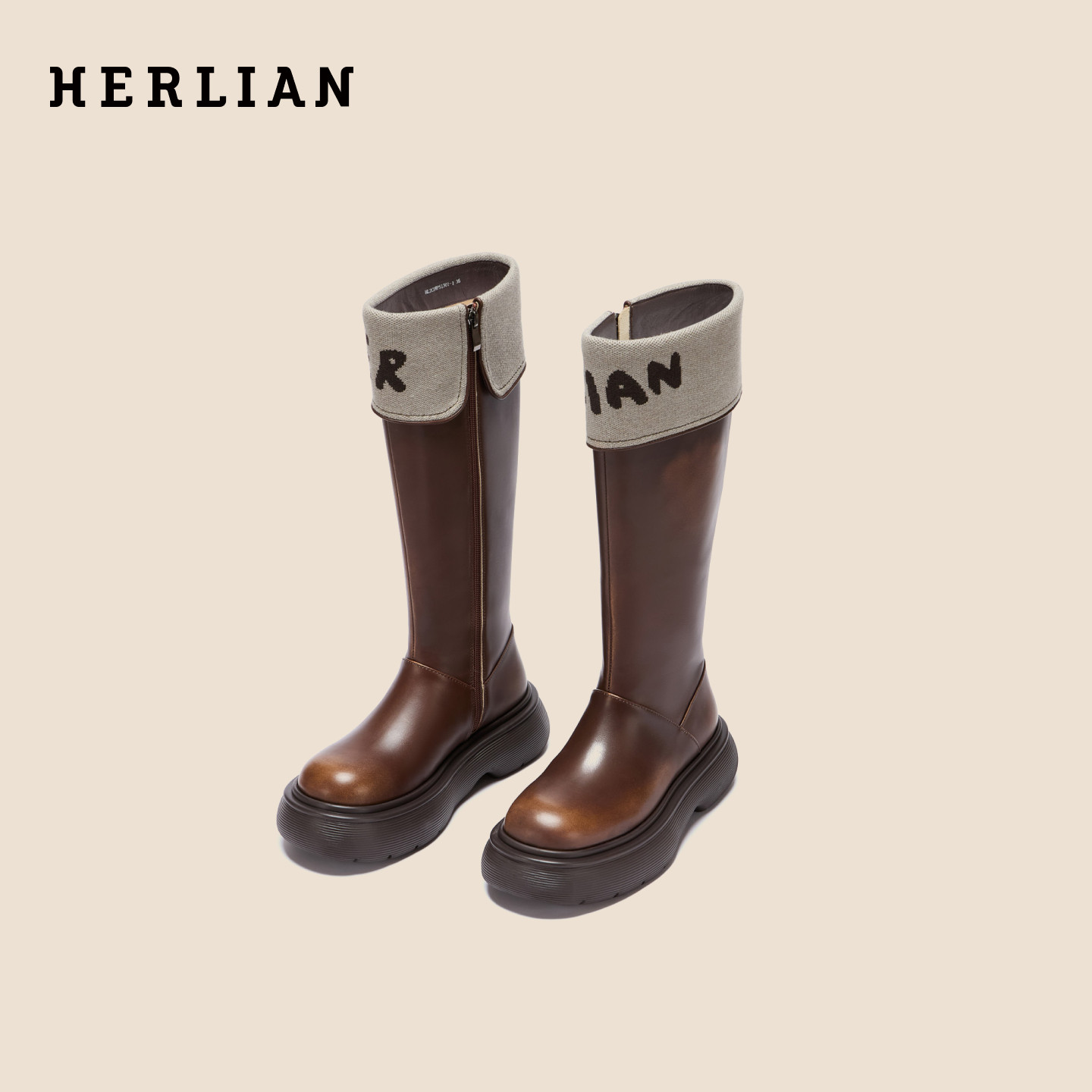 HERLIAN 翻边logo真皮厚底靴长靴女美拉德复古增高皮靴骑士靴鞋