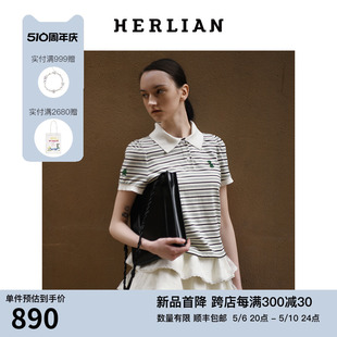 狗狗系列女士条纹上衣POLO领短袖 新品 T恤 24年夏季 HERLIAN