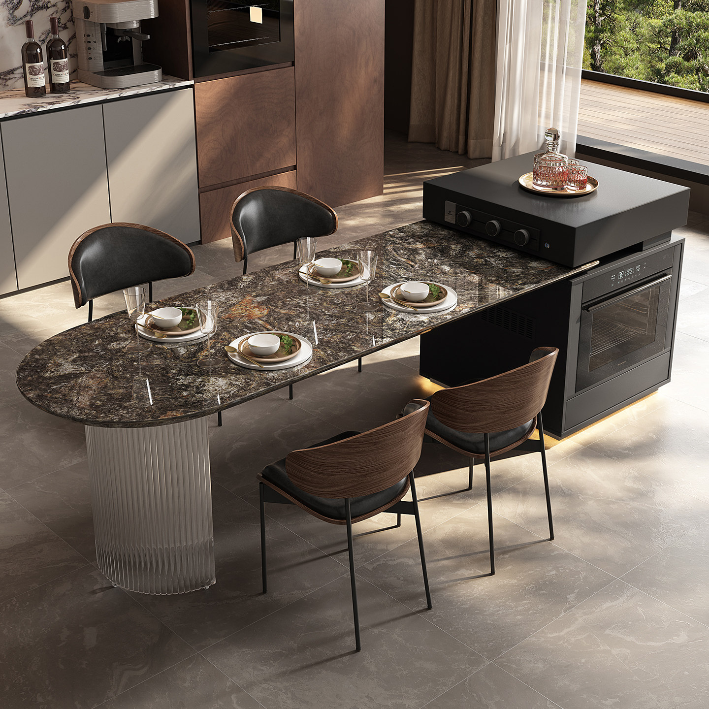 天然奢石岛台餐桌一体铂金钻别墅家用客厅可伸缩高级感中导台定制