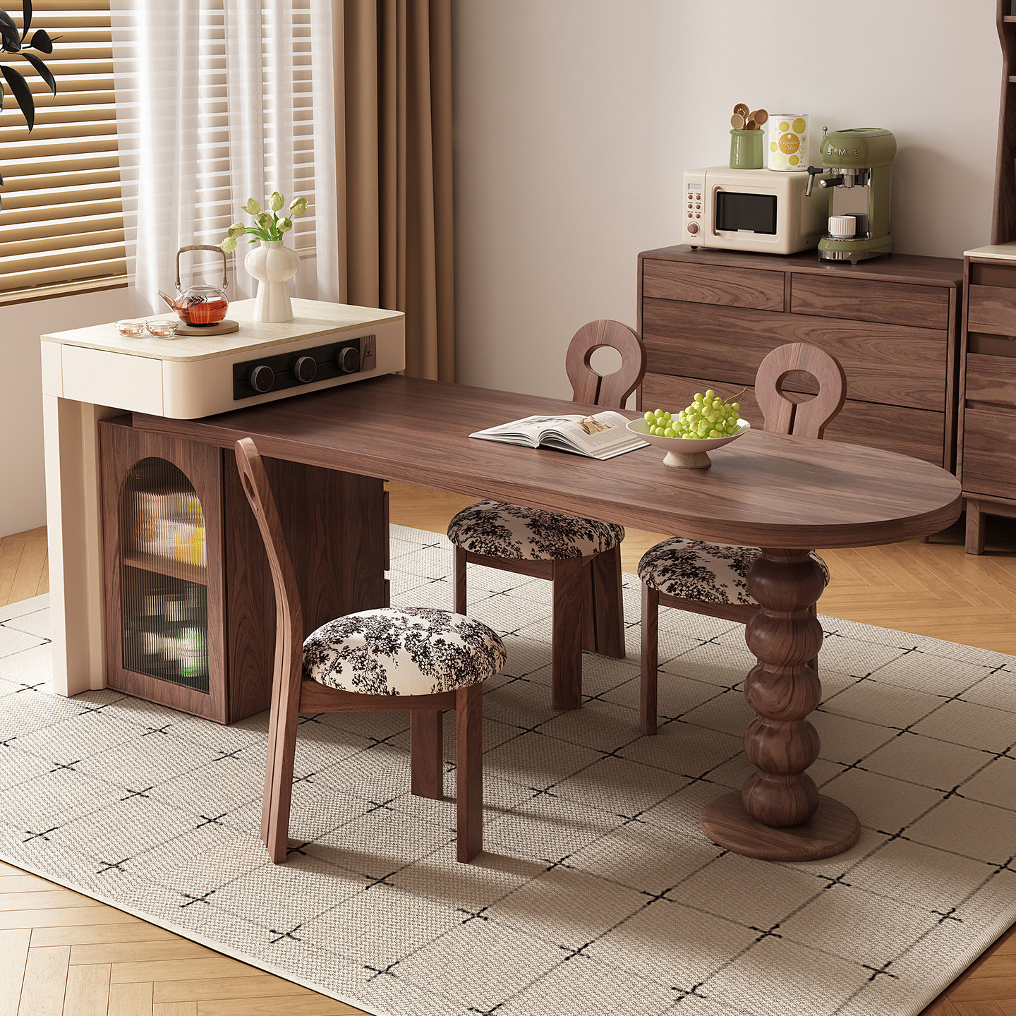 法式复古风胡桃木色洞石岩板岛台餐桌一体小户型窄伸缩迷你吧台,住宅家具,岛台餐桌,淘宝优惠券,粉丝福利购,淘宝优惠卷