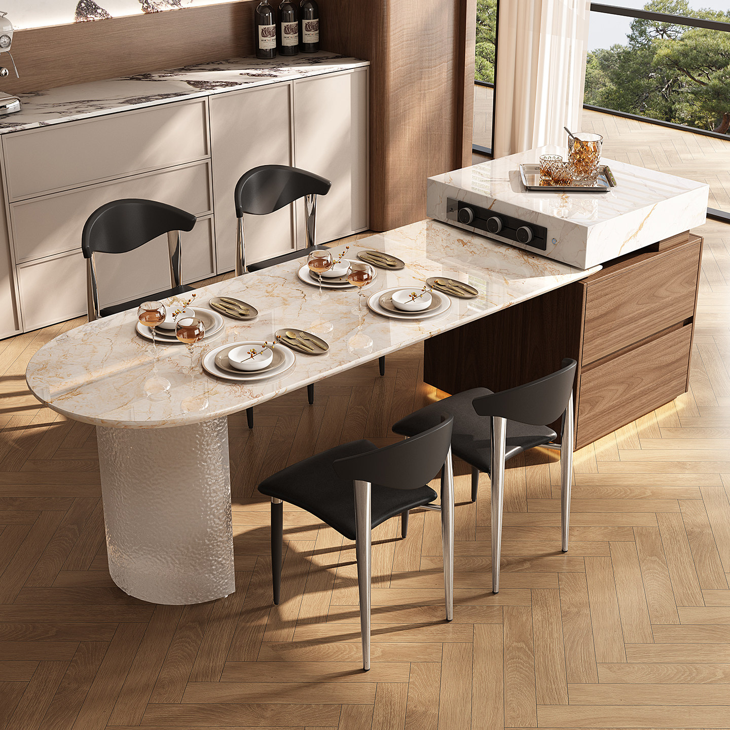 天然奢石岛台餐桌一体宝格丽金中古风大理石别墅高级感客餐厅家用