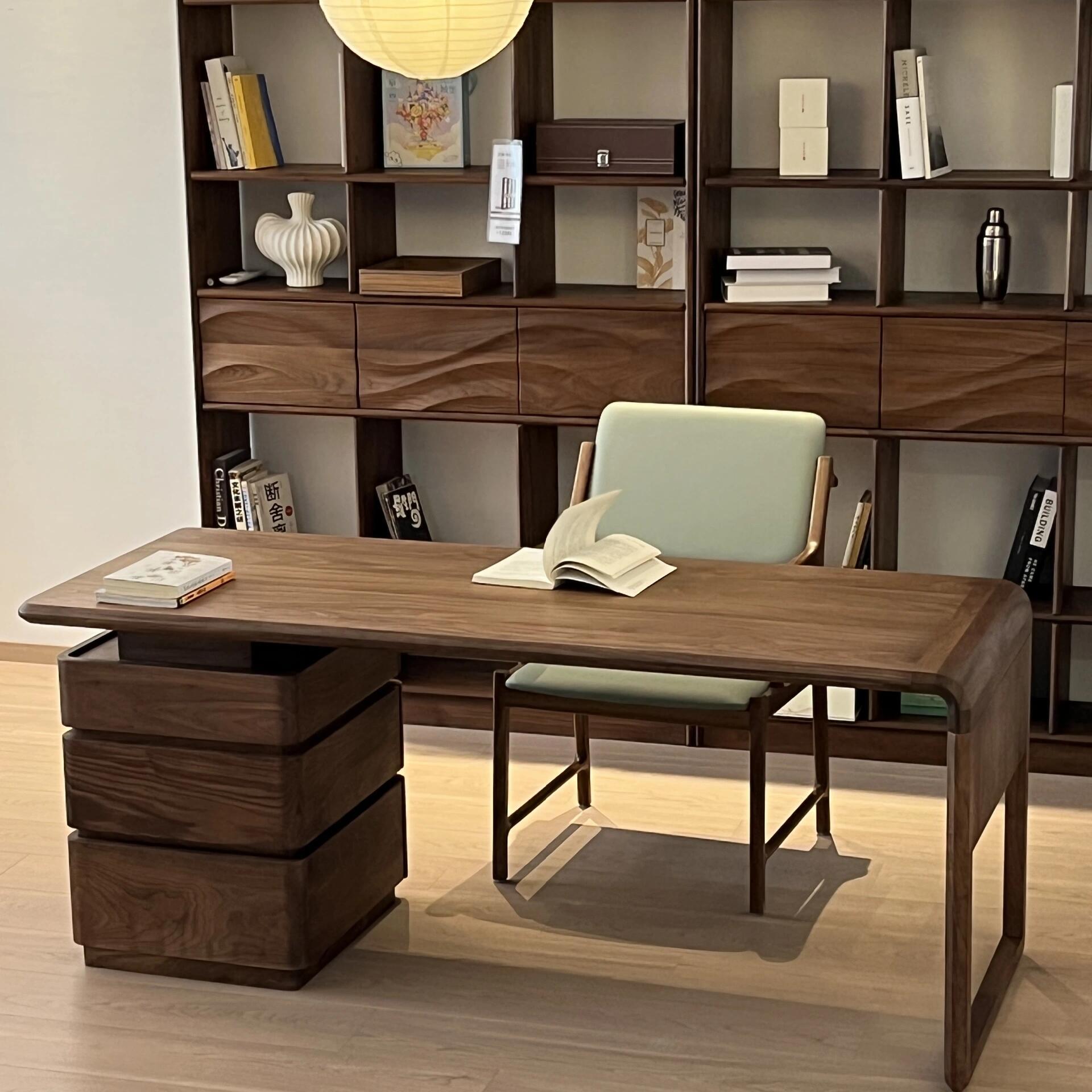 2025新中式禅意黑胡桃白蜡木书桌写字桌办公室书房酒店民宿电脑桌