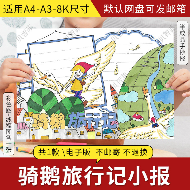 骑鹅旅行记读后感电子小报阅读读书好书推荐分享手抄报电子版线稿