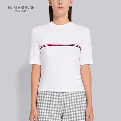 [特选优惠]THOM BROWNE 女士罗纹胸部条纹饰白色圆领短袖T恤
