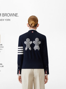 [6期免息]THOM BROWNE 女士姜饼人羊毛四条纹V领开衫