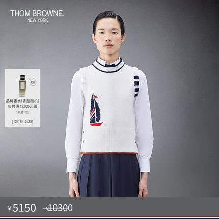 [五折优惠]THOM BROWNE 女士四条纹羊毛针织帆船无袖背心毛衣薄款