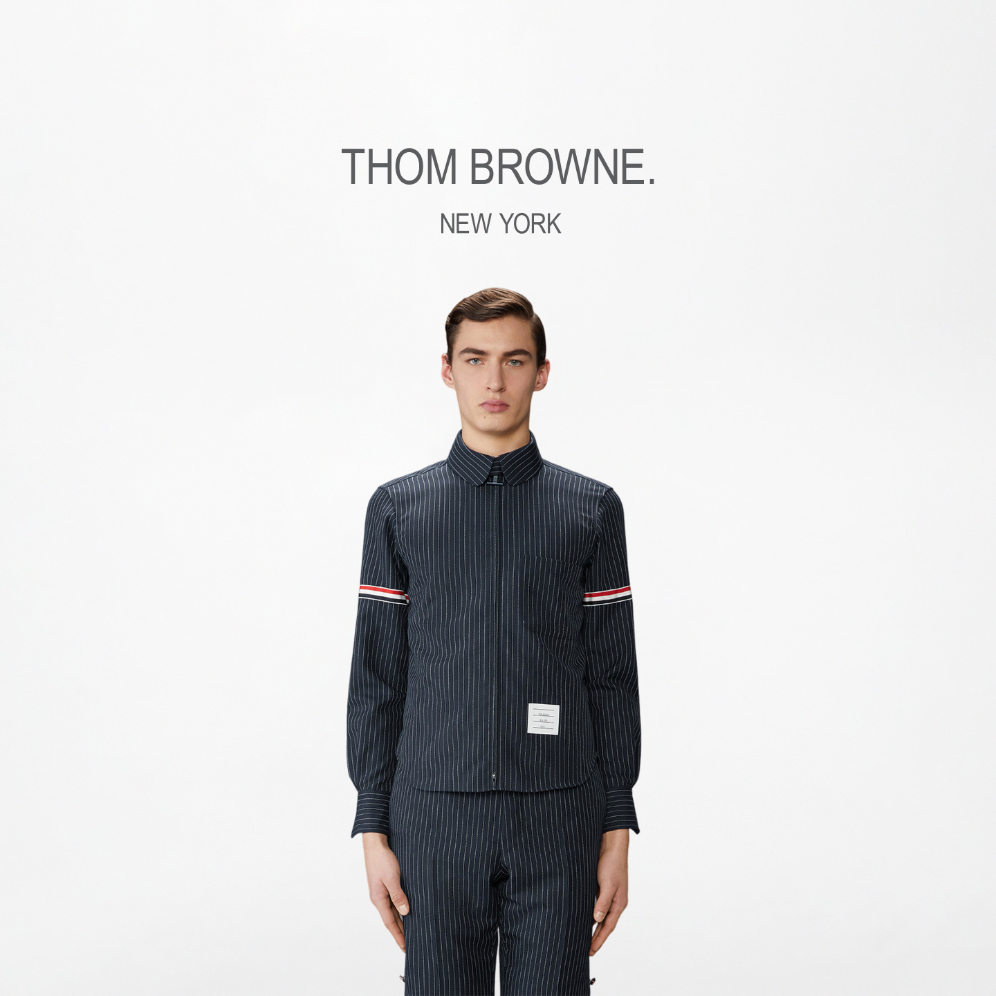[秋冬新品]THOM BROWNE2025秋冬男式细条纹羊毛拉链圆领衬衫