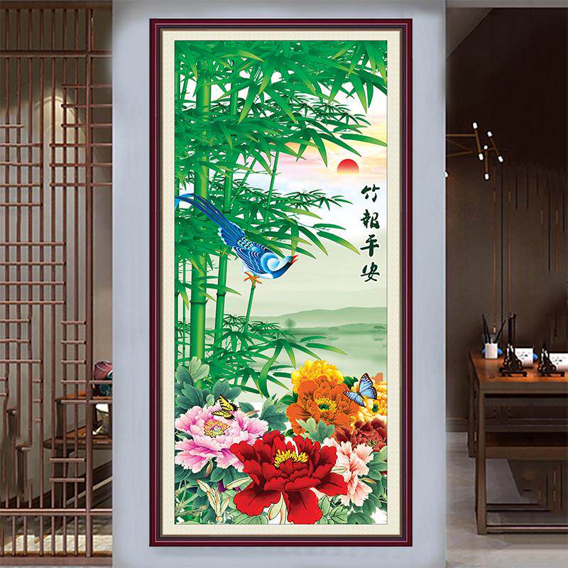 竹报平安自粘油画布中式墙壁贴画纸客厅竖版九鱼图入户玄关装饰画