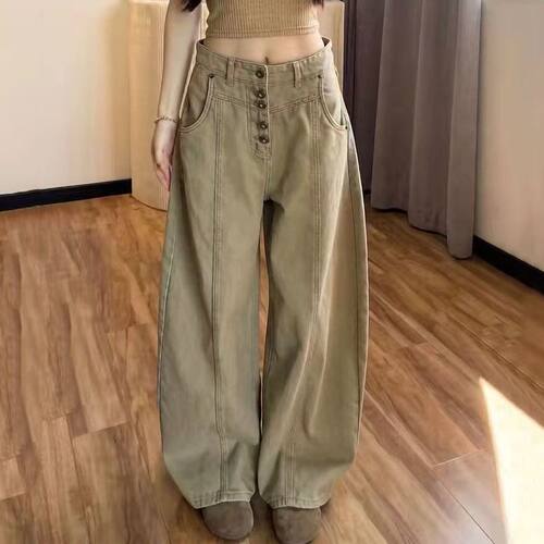 美式复古单排扣弯刀阔腿牛仔裤女