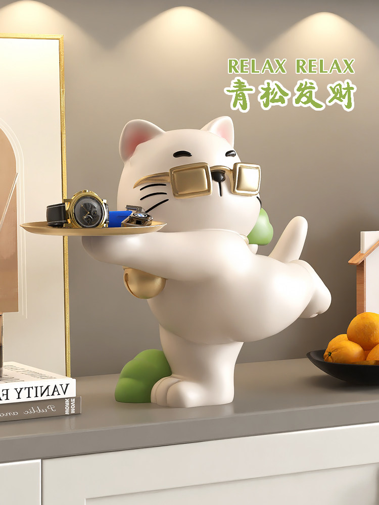 带来财富和宝藏猫钥匙储物廊装饰装饰客厅入口鞋柜门糖果托盘打开