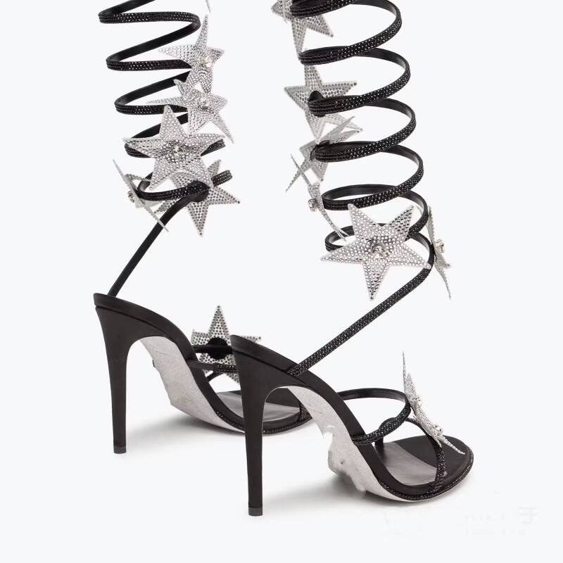 新款蛇形绕带性感细跟走秀凉靴罗马凉鞋露趾水钻花朵公主时装女鞋