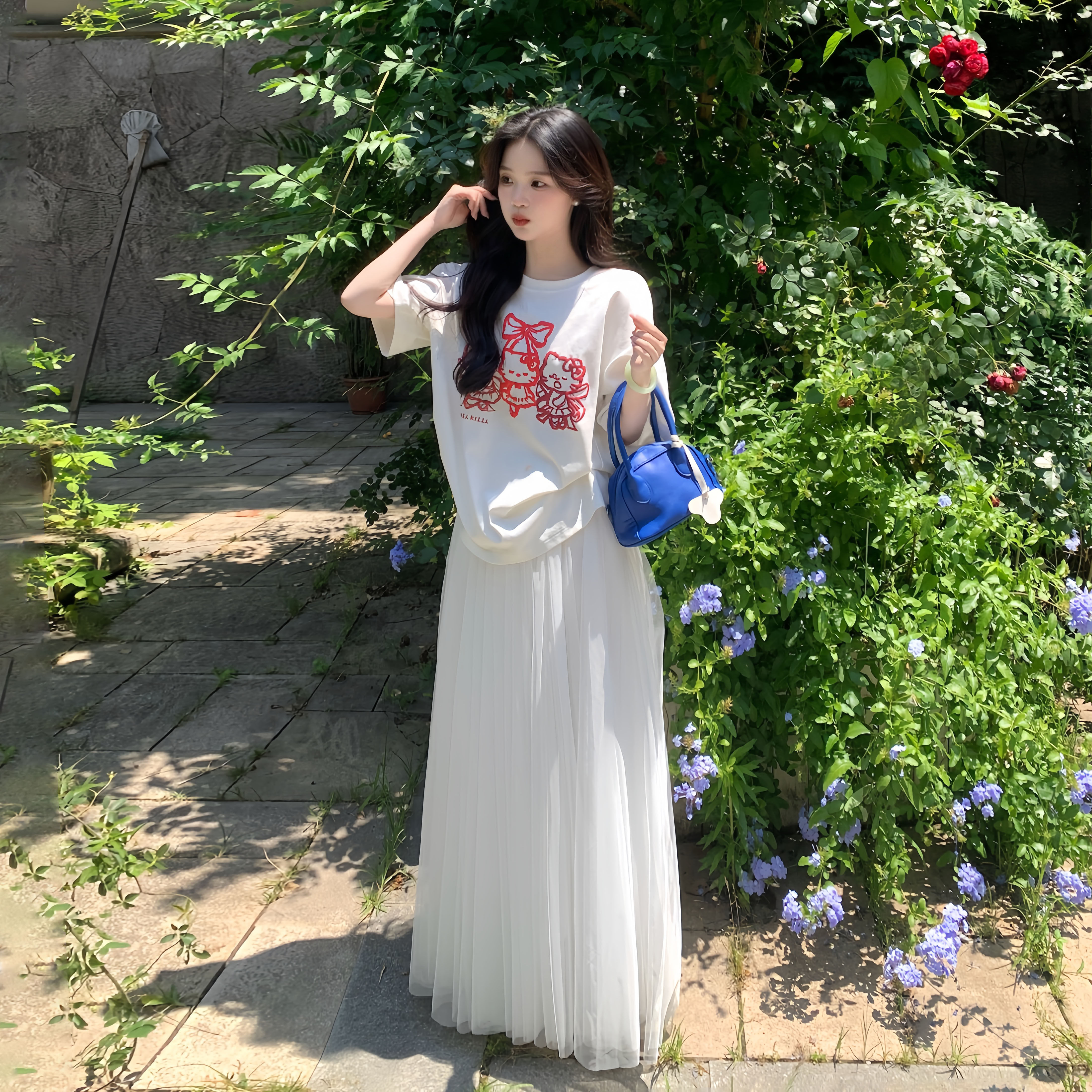 一罐杏仁桃可爱Kitty猫咪印花短袖T恤女夏季新款宽松百搭圆领上衣