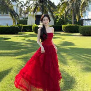 法式复古红色半身裙抹胸女夏季海边度假吊带裙蕾丝