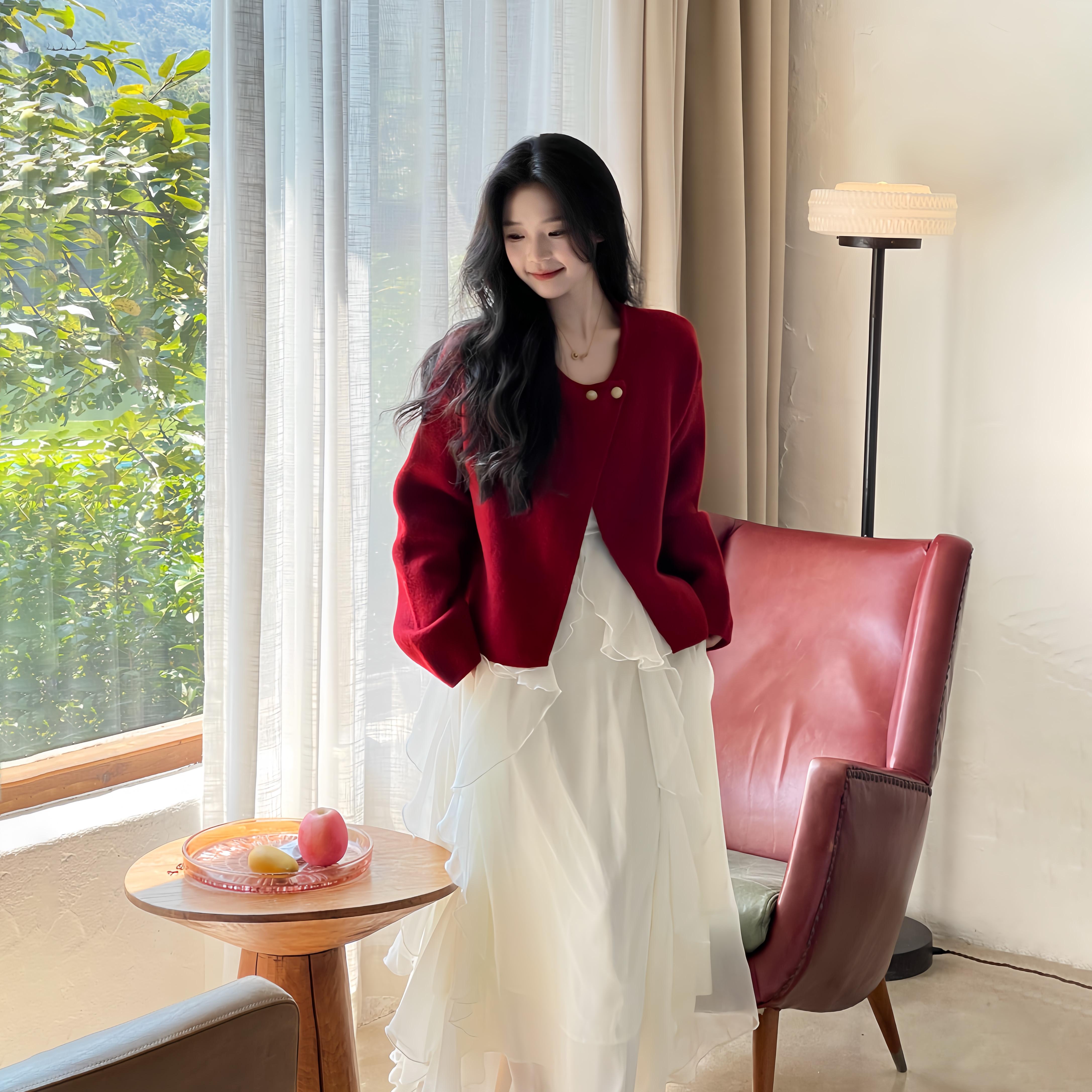 杏仁桃红色毛衣外套韩系宽松显瘦