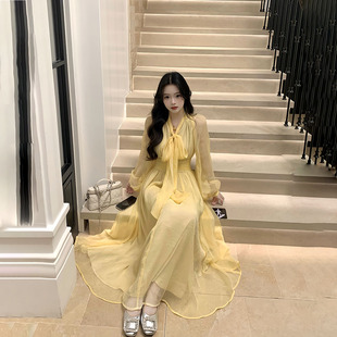 连衣裙宽松显瘦气质裙 仙女裙黄色长袖 一罐杏仁桃 黄桃汽水