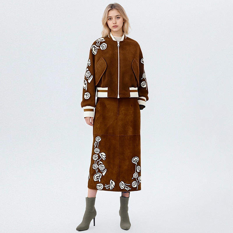 新款 时尚复古潮流风两件套2025秋冬刺绣棒球服中长半身裙套装女