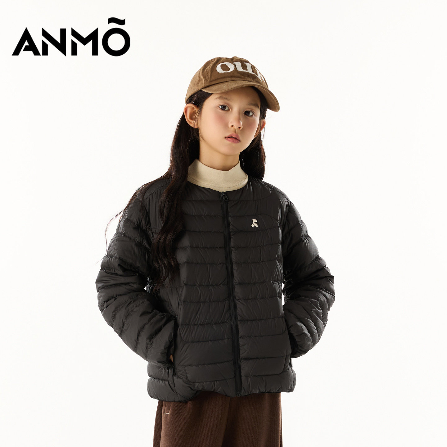 ANMO安墨女童短款羽绒外套冬季新品轻薄休闲纯色中大童上衣百搭潮