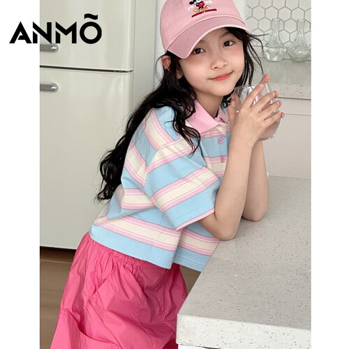 ANMO安墨条纹翻领短袖