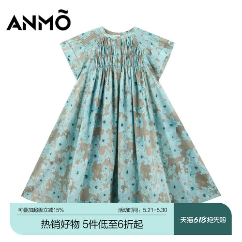 ANMO安墨短袖连衣裙夏季新款森系碎花甜美纯棉棉质中大童裙装