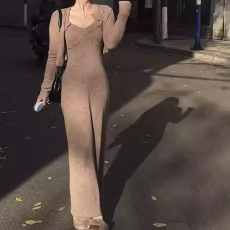 复古性感时尚套装裙女秋季新款长袖开衫外套V领吊带连衣裙两件套,女装/女士精品,时尚套装,淘宝优惠券,粉丝福利购,淘宝优惠卷