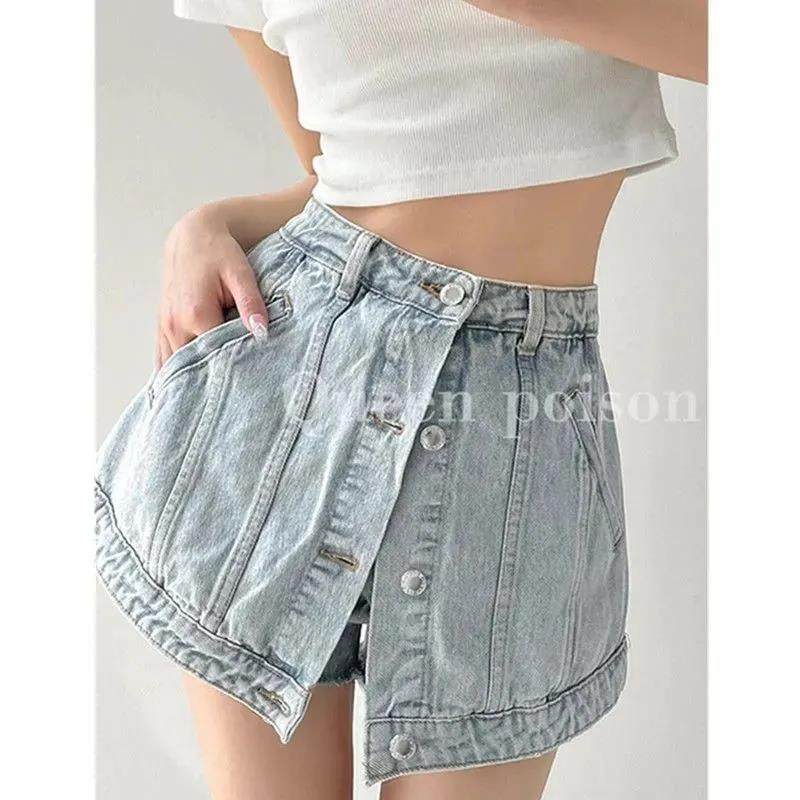 高街假两件水洗做旧牛仔裙裤女高腰防走光港味a字阔腿短裤潮ins