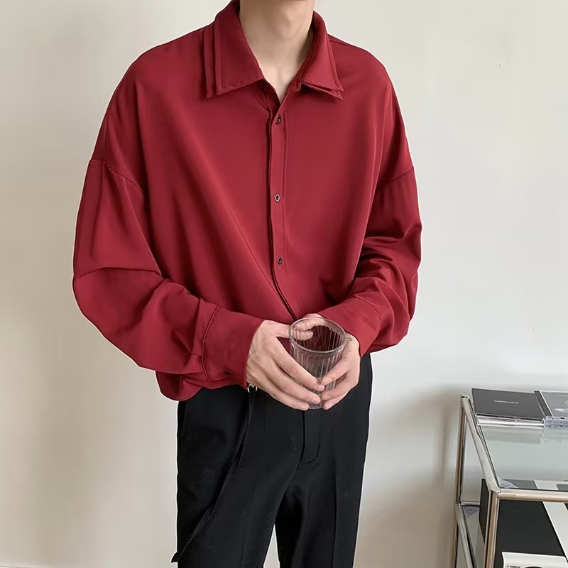 流行青春长袖华夫格衬衫男设计感小众盐系复古衬衣ins潮纯色水洗