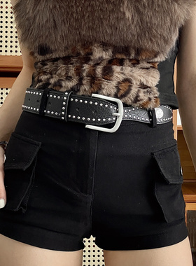 欧美皮带辣妹女款铆钉金属扣千禧风美式复古重工朋克腰带y2k黑色