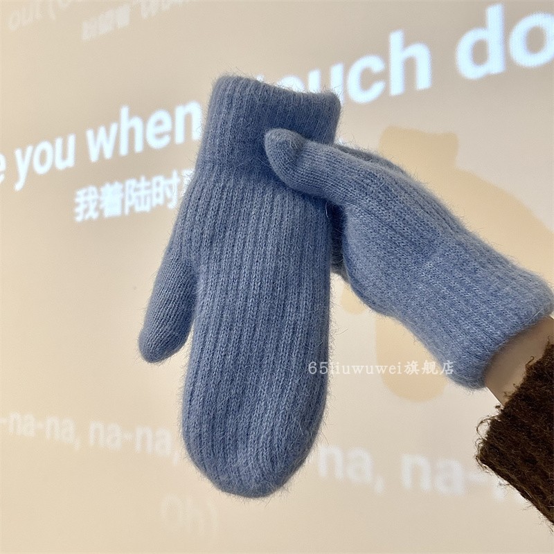 仿兔毛全指冬季女手套纯色加绒加厚保暖学生全包连指防寒骑行男潮