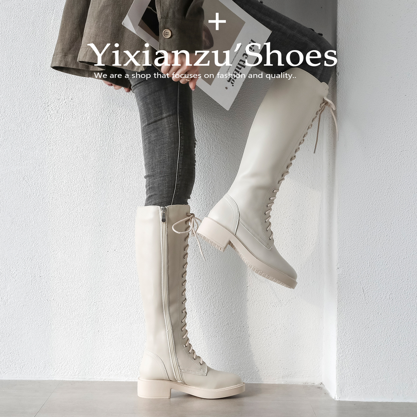 牛皮版~修饰腿型白色长筒女靴子