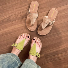 2025新款今年流行爆款真皮夹脚拖鞋女外穿平底夏季海边度假沙滩鞋