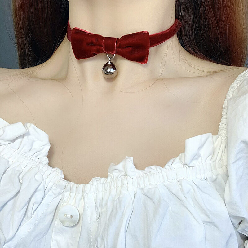 圣诞节摇铃变装项链女铃铛短款锁骨链choker颈链复古酒红丝绒蝴蝶