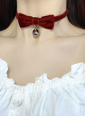 圣诞节摇铃变装项链女铃铛短款锁骨链choker颈链复古酒红丝绒蝴蝶