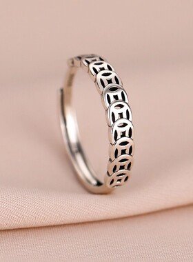 复古戒指招财聚财钱币个性设计简约小众开口转运指环潮