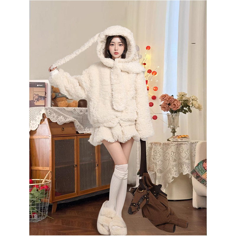 奶系套装冬季新款可爱小熊毛绒耳朵连帽毛绒绒保暖外套上衣短裙女,女装/女士精品,时尚套装,淘宝优惠券,粉丝福利购,淘宝优惠卷