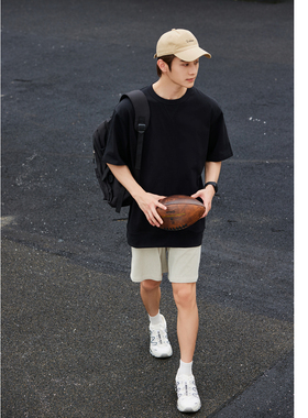 蔡哥哥男装 重磅300g经典简约宽松 黑色短袖纯棉T恤 情侣装夏N101