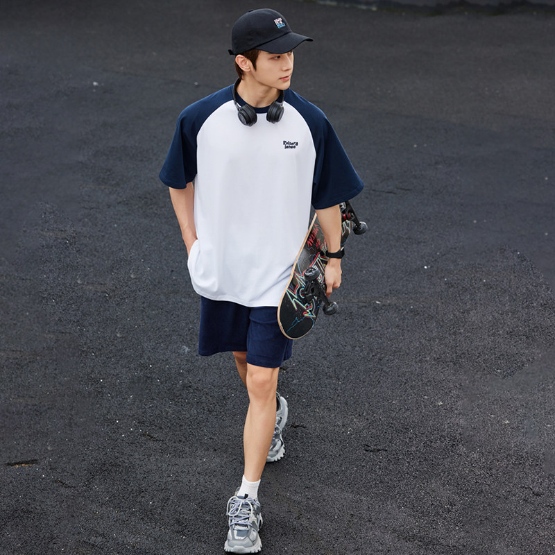 蔡哥哥男装 重磅纯棉300g日系插肩袖T恤 宽松拼接袖短袖情侣N100