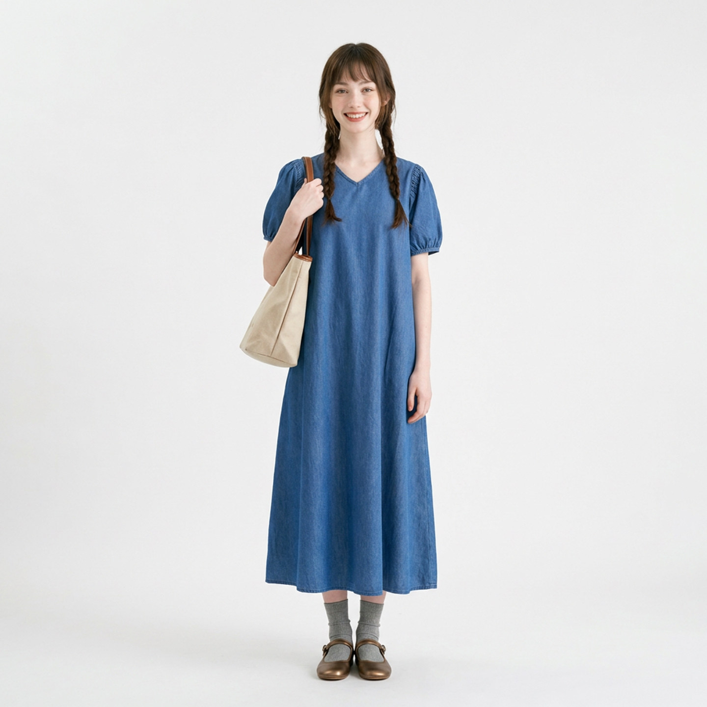 女孩夏季短袖蓝色纯棉牛仔连衣裙